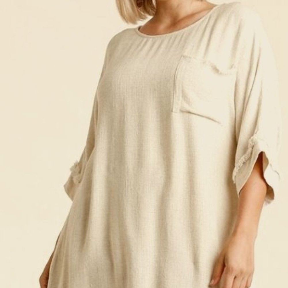 Linen Blend Half Sleeve Dress With Chest Pocket And Frayed Edge Detail